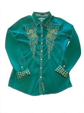 Cowgirl Core Teal Embroidered Pearl Snap Shirt Rhinestones Check Cuffs